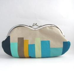 Frame sunglasses case/ Clutch Purse- stripe on beige -blue