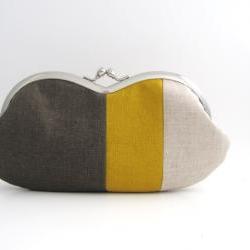 Sunglasses Case/ Frame Clutch Purse - linen patchwork- dark brown and mustard yellow